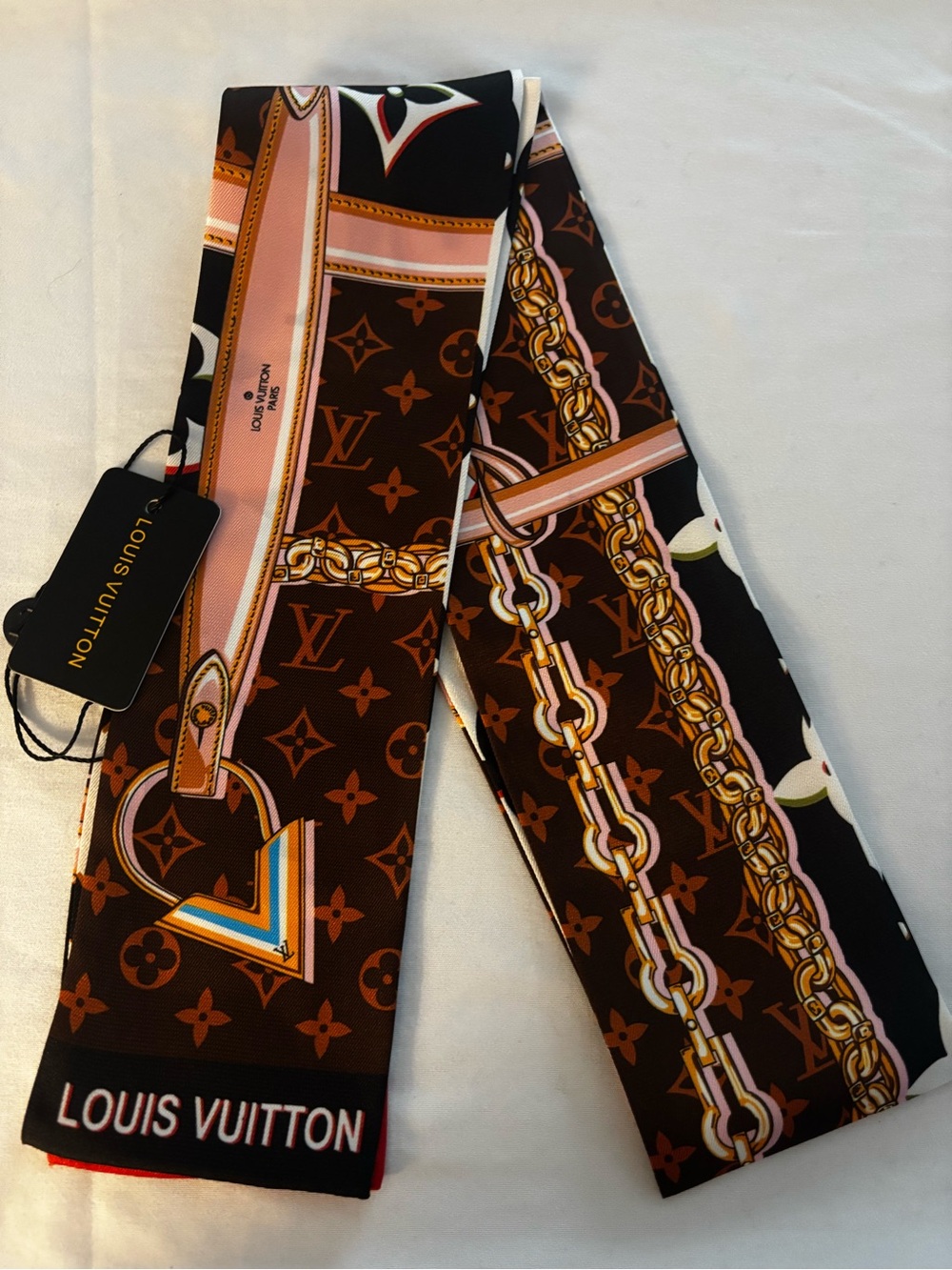 Brown, Pink & Gold Monogram Silk Twilly